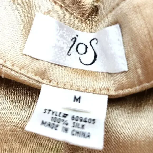 ios Metallic Gold 100% Silk Top Size M Button Up Long Sleeve Classic Elegant - Picture 7 of 11